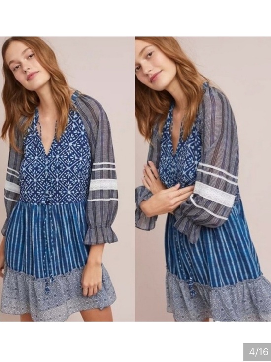 Anthropologie Dresses & Skirts - Anthropologie Blue Patterned V-Neck Tiered Mini Dress